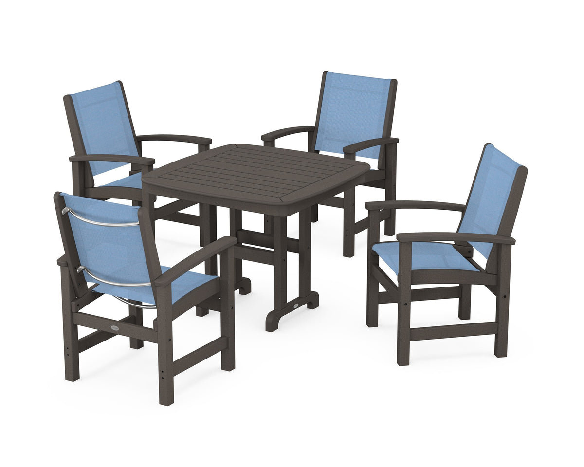 POLYWOOD Coastal 5-Piece Dining Set with Nautical 37" Dining Table in Vintage Coffee / Poolside