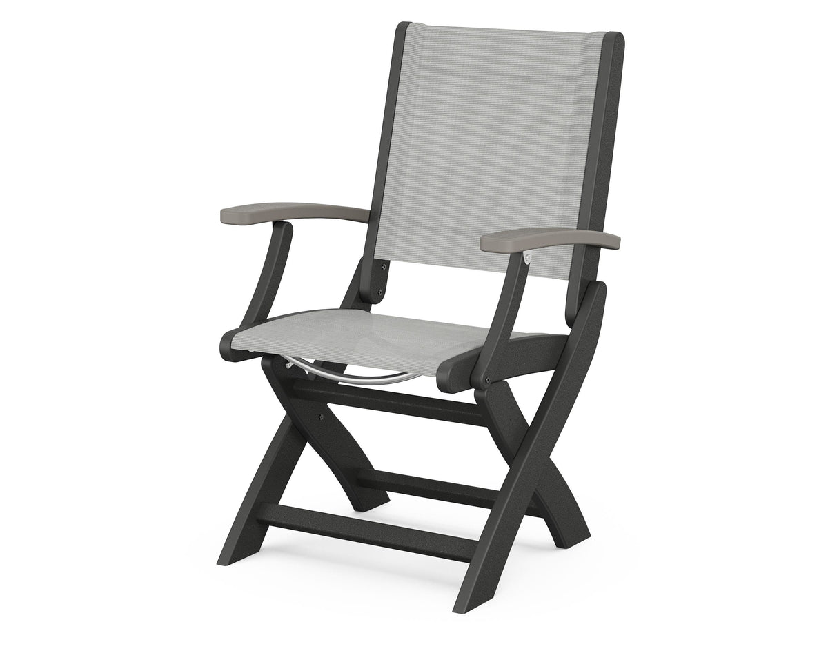 POLYWOOD Coastal Folding Chair in Black with Driftwood arms and Metallic sling