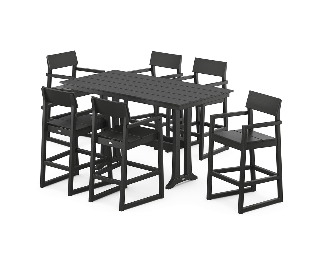 POLYWOOD EDGE Arm Chair 7-Piece Farmhouse Bar Set with Trestle Legs in Black