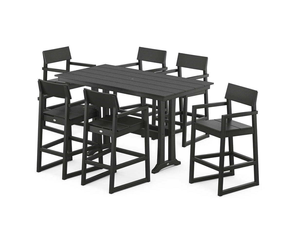 POLYWOOD EDGE Arm Chair 7-Piece Farmhouse Bar Set with Trestle Legs in Black