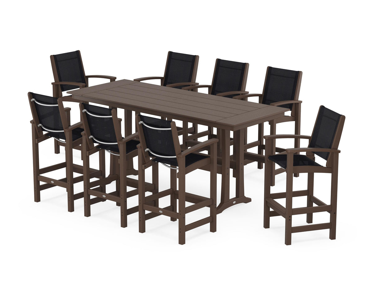 POLYWOOD Coastal 9-Piece Farmhouse Bar Set with Trestle Legs in Mahogany / Black