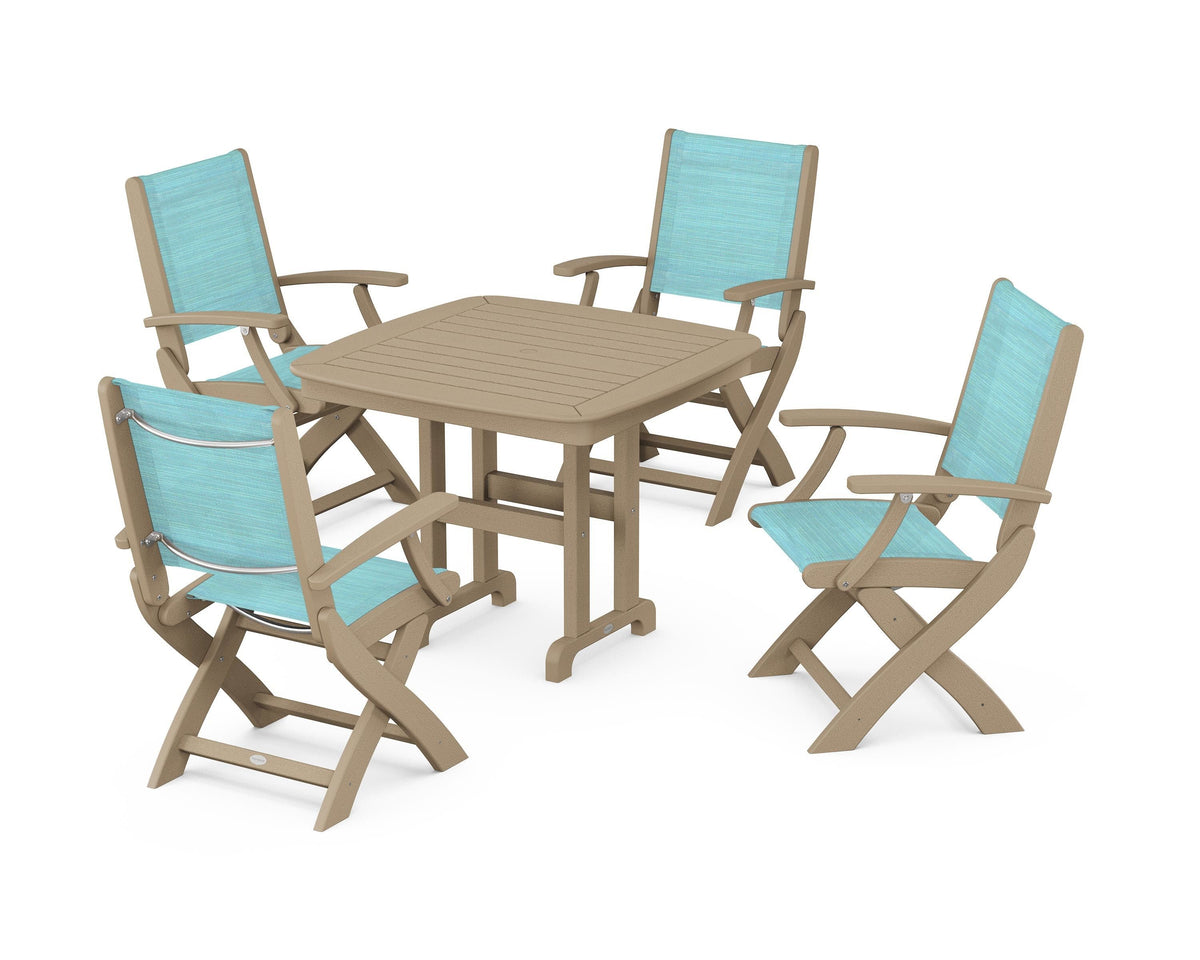 POLYWOOD Coastal Folding Chair 5-Piece Dining Set with Nautical 37" Dining Table in Vintage Sahara / Dupioni Aquamarine