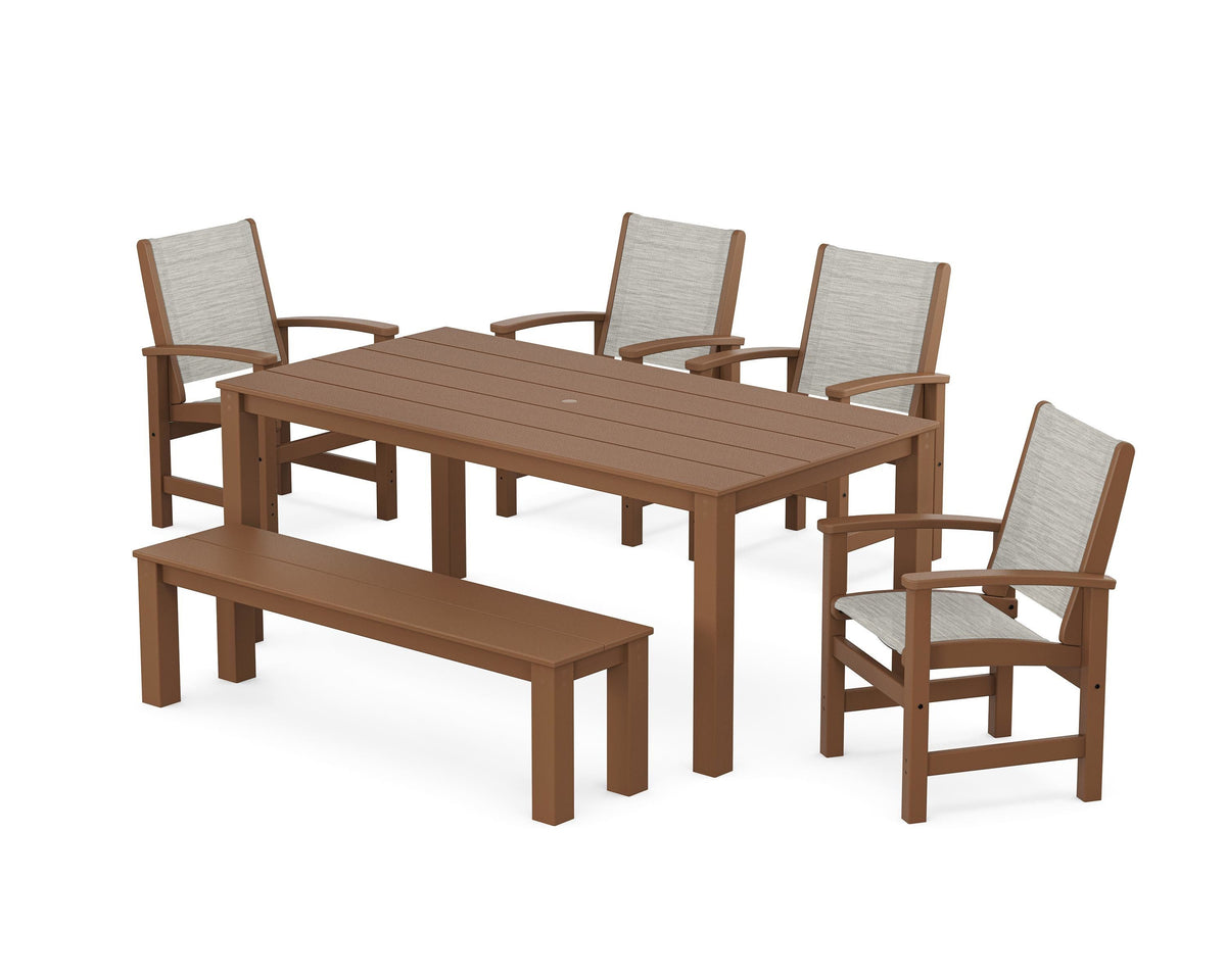 POLYWOOD Coastal 6-Piece Parsons Dining Set with Bench in Teak / Birch