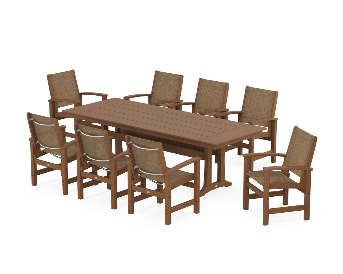 POLYWOOD Coastal 9-Piece Farmhouse Dining Set with Trestle Legs in Teak / Burlap