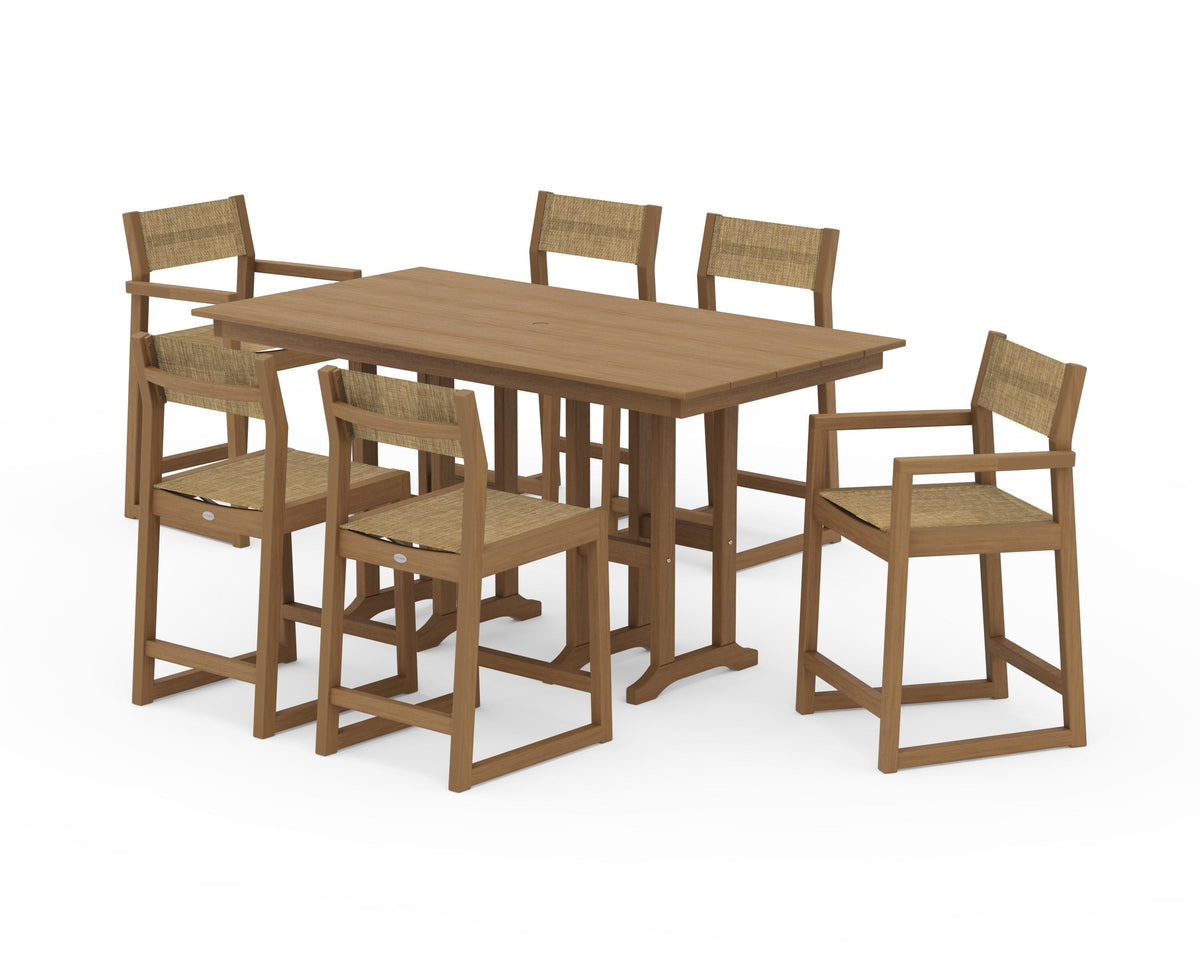 POLYWOOD EDGE Sling 7-Piece Farmhouse Counter Set with Trestle Legs in Natural / Burlap