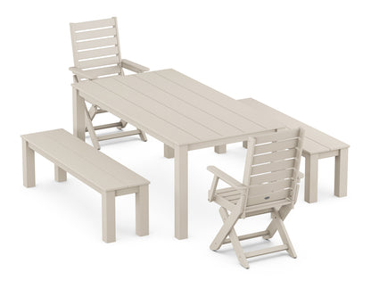 POLYWOOD Captain Folding Chair 5-Piece Parsons Dining Set with Benches in Sand