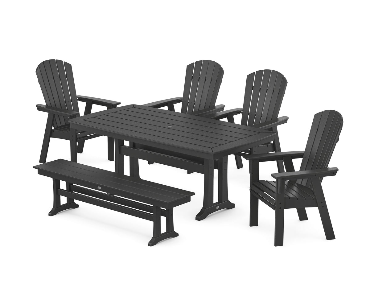 POLYWOOD Nautical Curveback Adirondack 6-Piece Dining Set with Trestle Legs and Bench in Black