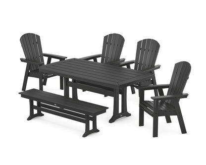 POLYWOOD Nautical Curveback Adirondack 6-Piece Dining Set with Trestle Legs and Bench in Black