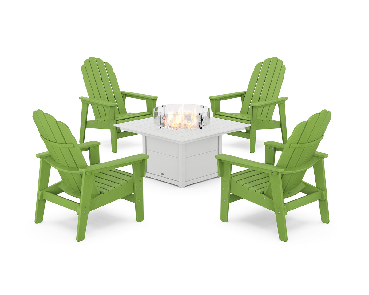POLYWOOD 5-Piece Vineyard Grand Upright Adirondack Conversation Set with Fire Pit Table in Lime / White
