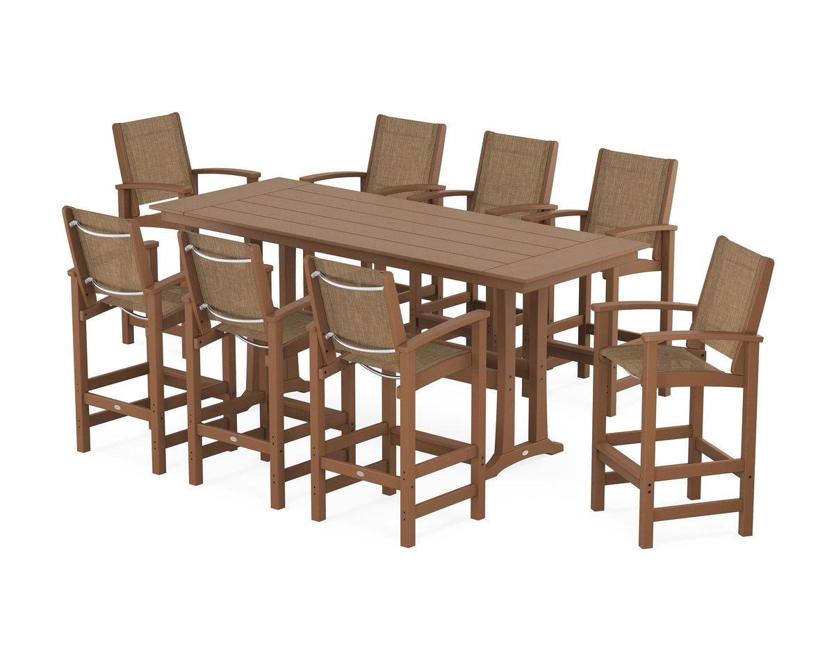 POLYWOOD Coastal 9-Piece Farmhouse Bar Set with Trestle Legs in Teak / Burlap