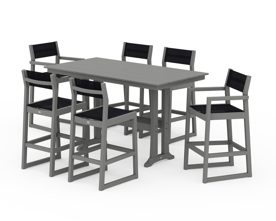 POLYWOOD EDGE Sling 7-Piece Farmhouse Bar Set with Trestle Legs in Slate Grey / Black