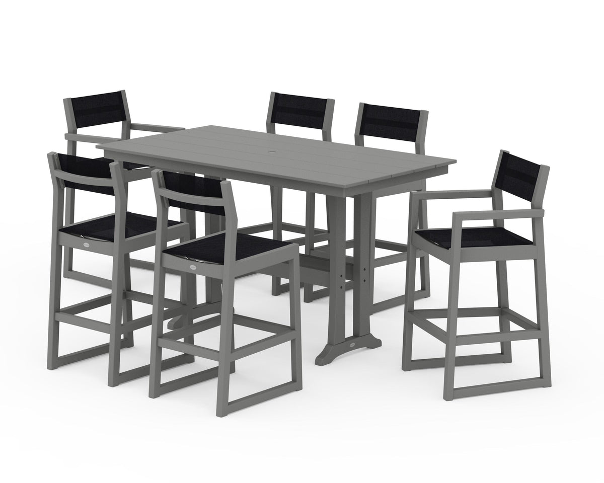 POLYWOOD EDGE Sling 7-Piece Farmhouse Bar Set with Trestle Legs in Slate Grey / Black