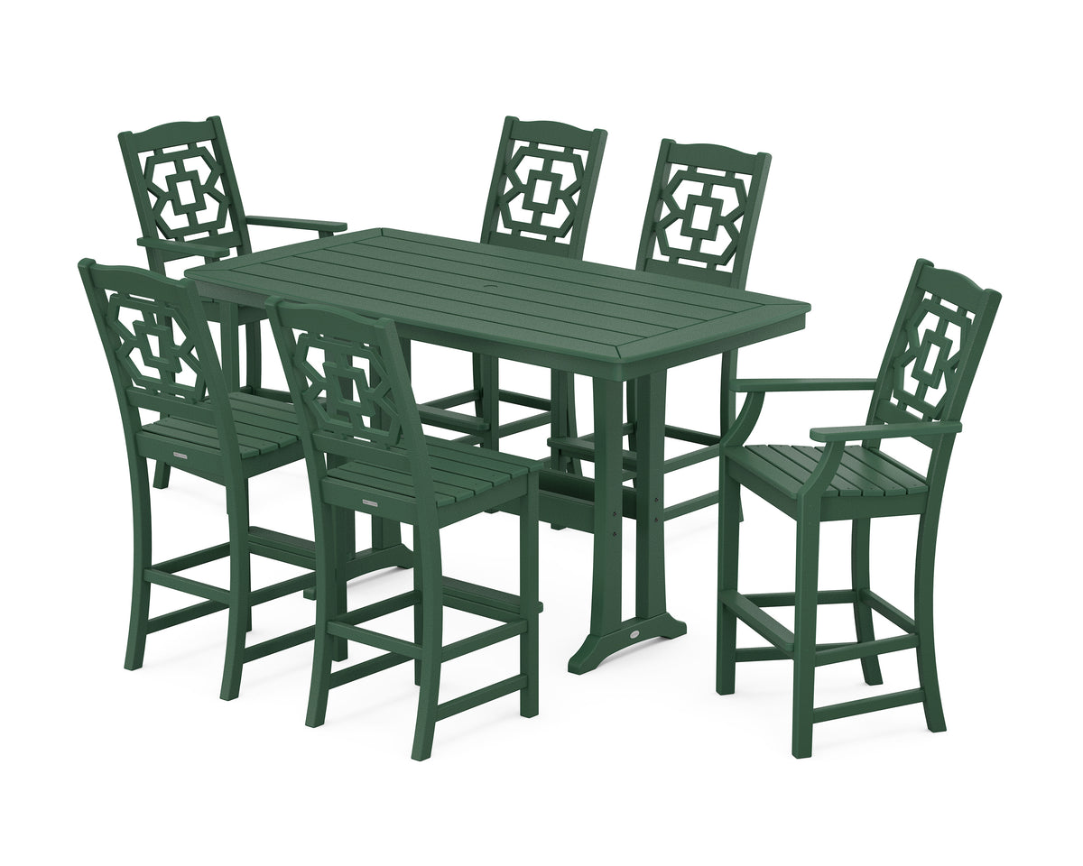POLYWOOD Chinoiserie 7-Piece Bar Set with Trestle Legs in Green
