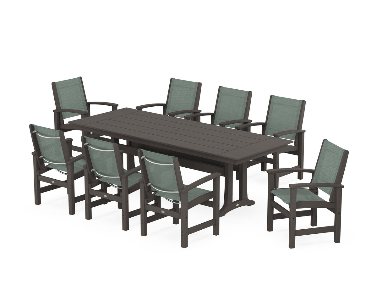 POLYWOOD Coastal 9-Piece Farmhouse Dining Set with Trestle Legs in Vintage Coffee / Dupioni Sea Mist