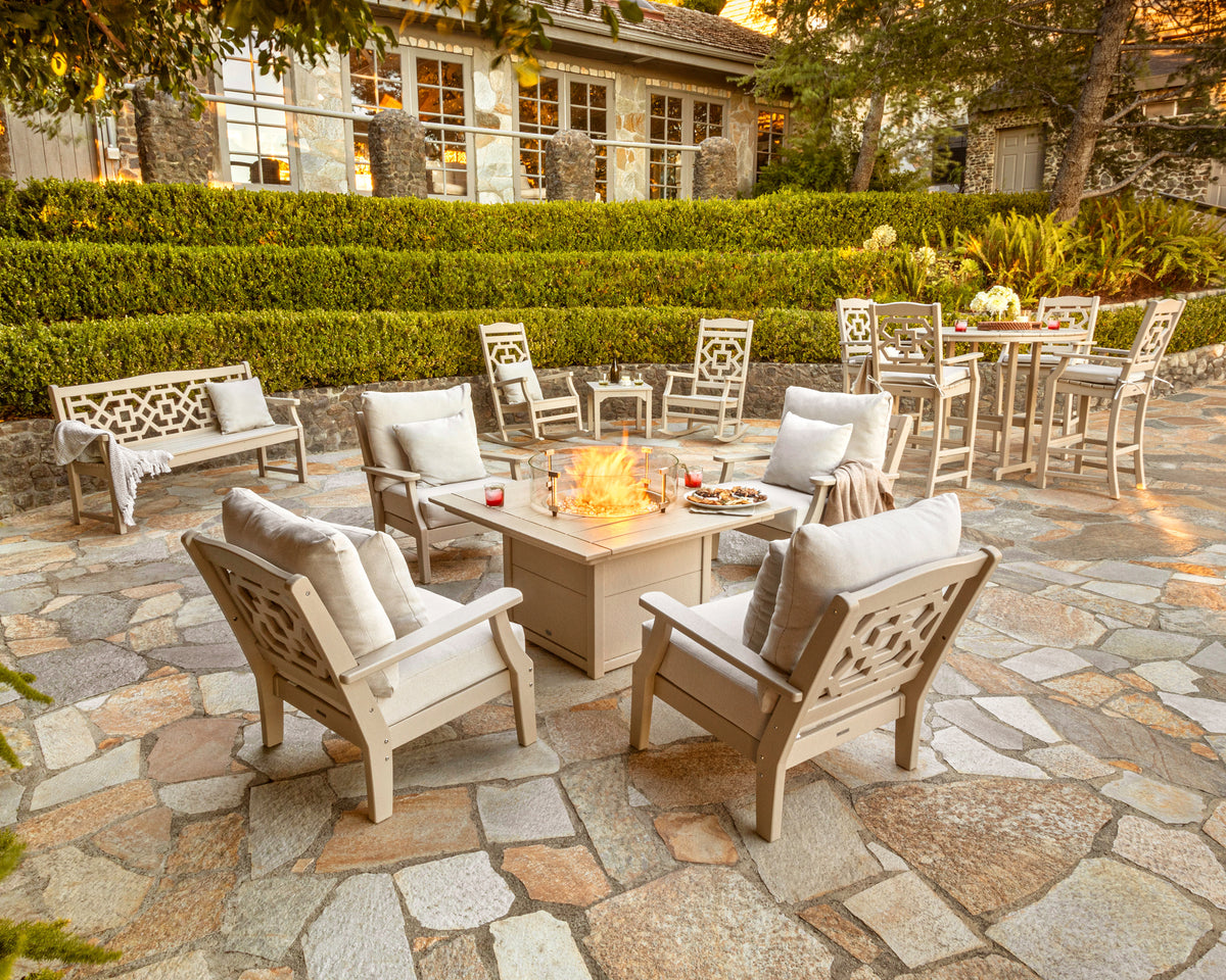 POLYWOOD Chinoiserie 3-Piece Rocking Chair Set in an outdoor setting