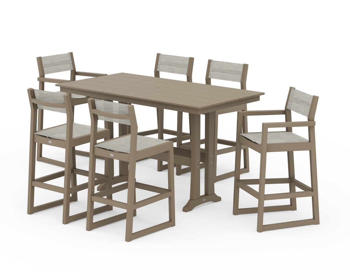 POLYWOOD EDGE Sling 7-Piece Farmhouse Bar Set with Trestle Legs in Vintage Sahara / Birch