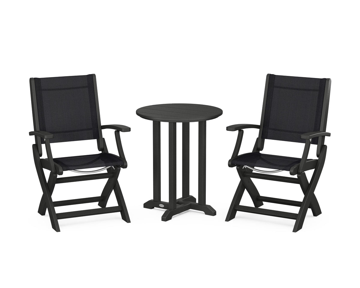 POLYWOOD Coastal Folding 3-Piece Round Bistro Dining Set in Black / Black