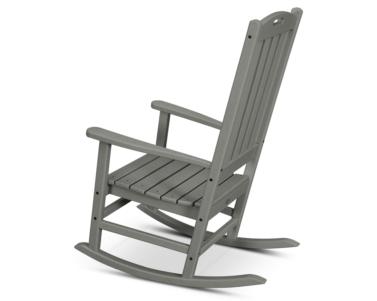 Angled view of the POLYWOOD Nautical 3-Piece Porch Rocking Chair Set with Round 18" Side Table in Slate Grey
