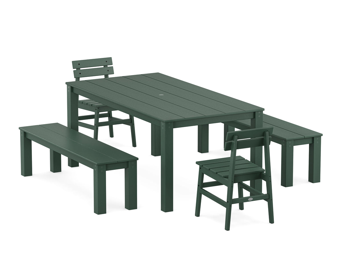 POLYWOOD Modern Studio Plaza Chair 5-Piece Parsons Dining Set with Benches - 38" x 72" Table in Green