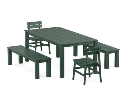 POLYWOOD Modern Studio Plaza Chair 5-Piece Parsons Dining Set with Benches - 38" x 72" Table in Green