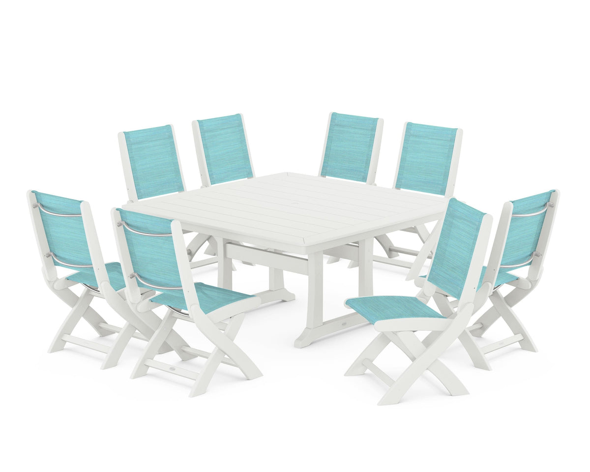 POLYWOOD Coastal Folding Side Chair 9-Piece Dining Set with Trestle Legs in Vintage White / Dupioni Aquamarine