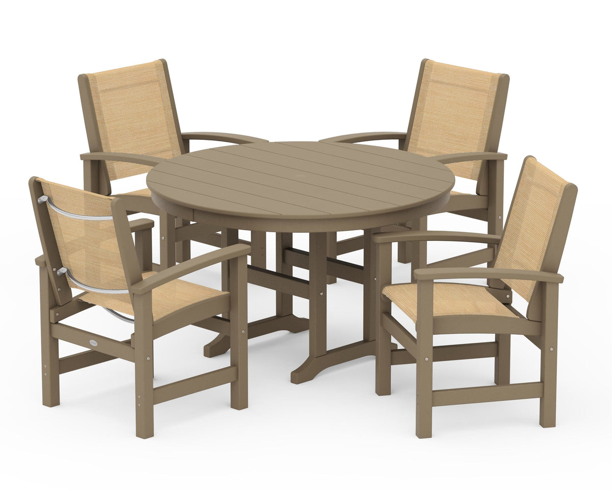 POLYWOOD Coastal 5-Piece Round Farmhouse Dining Set in Vintage Sahara / Dupioni Apricot