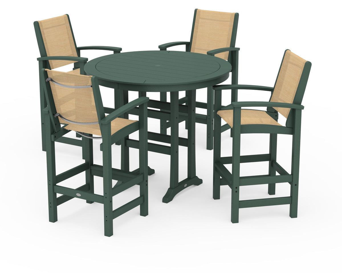 POLYWOOD Coastal 5-Piece Nautical Trestle Bar Set in Green / Dupioni Apricot