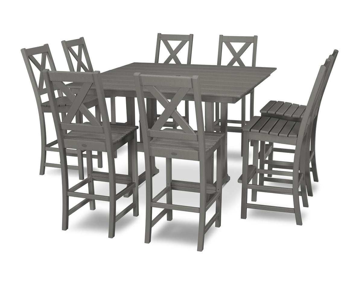 POLYWOOD Braxton 9-Piece Farmhouse Trestle Bar Set in Slate Grey