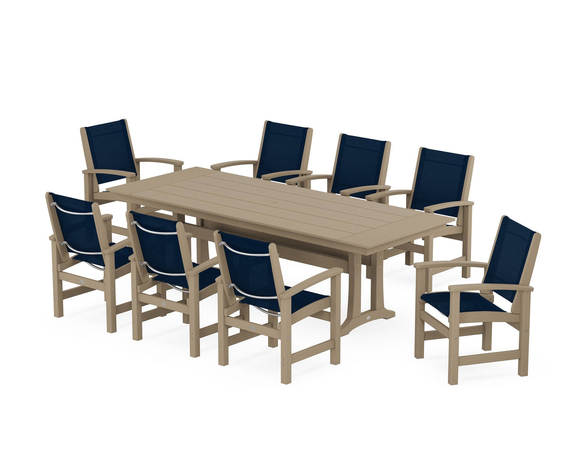 POLYWOOD Coastal 9-Piece Farmhouse Dining Set with Trestle Legs in Vintage Sahara / Navy Blue