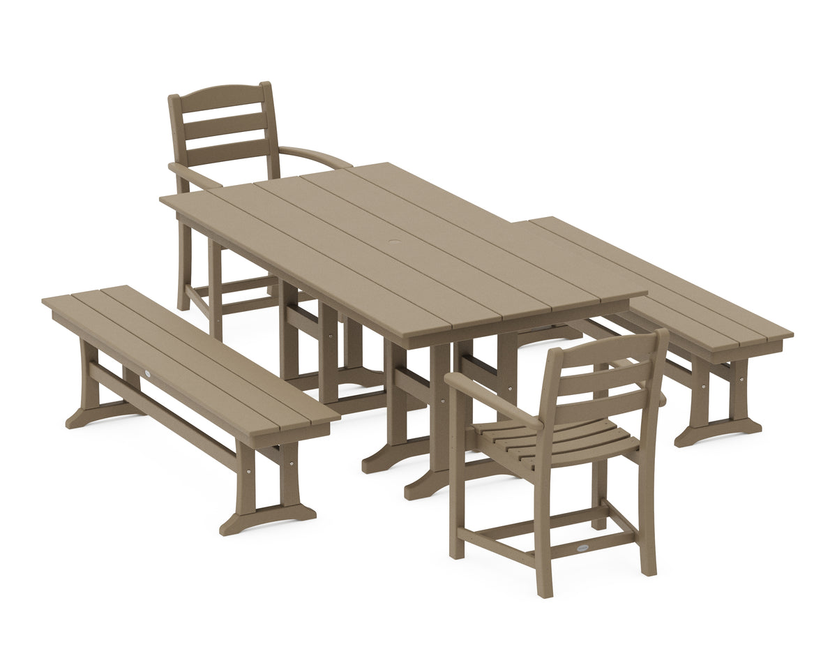 POLYWOOD La Casa Café 5-Piece Farmhouse Dining Set with Benches in Vintage Sahara