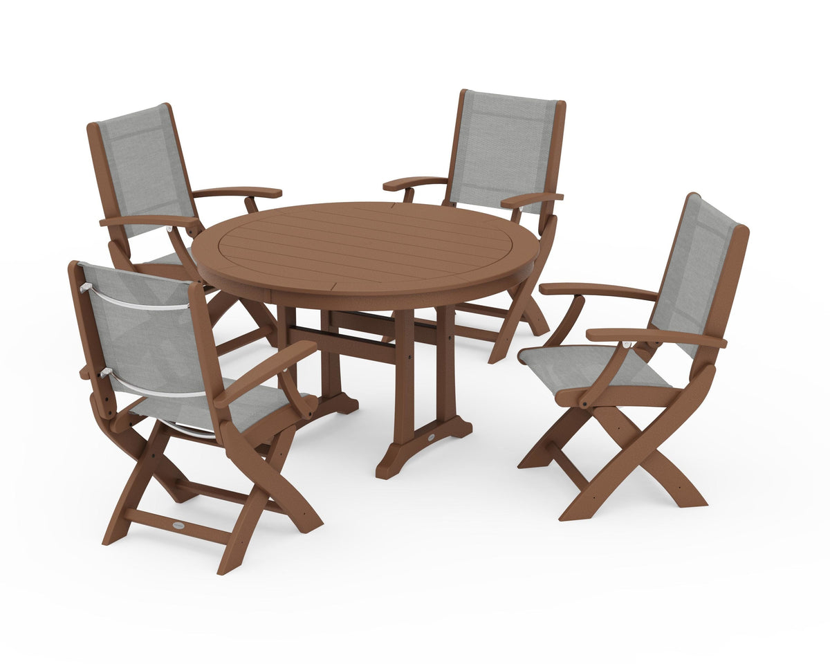 POLYWOOD Coastal Folding Chair 5-Piece Round Dining Set with Trestle Legs in Teak / Metallic