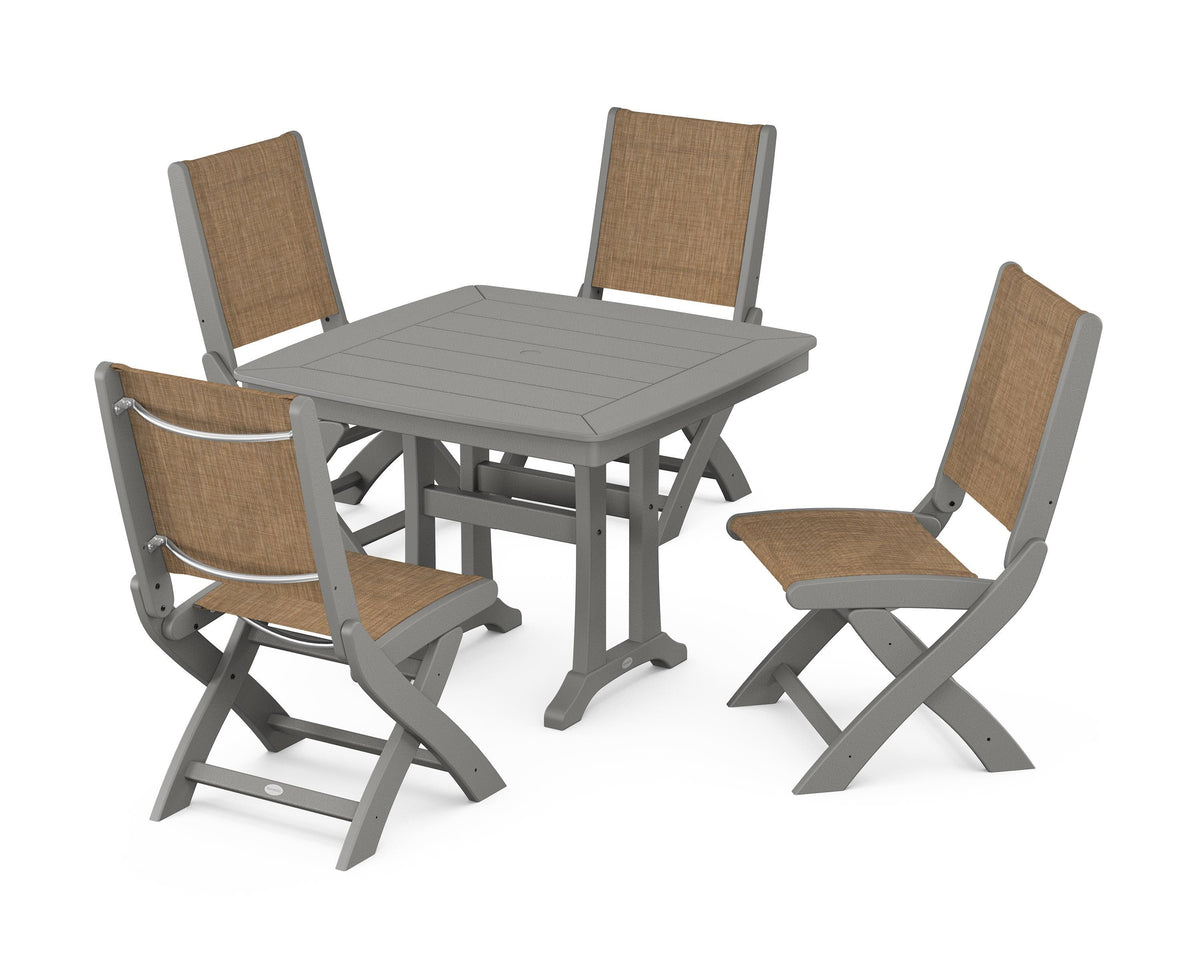 POLYWOOD Coastal Folding Side Chair 5-Piece Dining Set with Trestle Legs in Slate Grey / Burlap