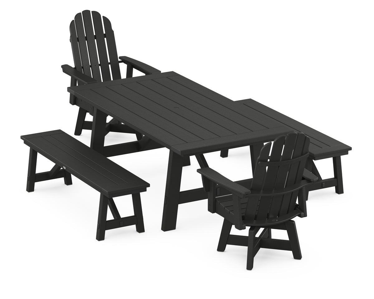 POLYWOOD Vineyard Curveback Adirondack Swivel Chair 5-Piece Rustic Farmhouse Dining Set with Benches in Black