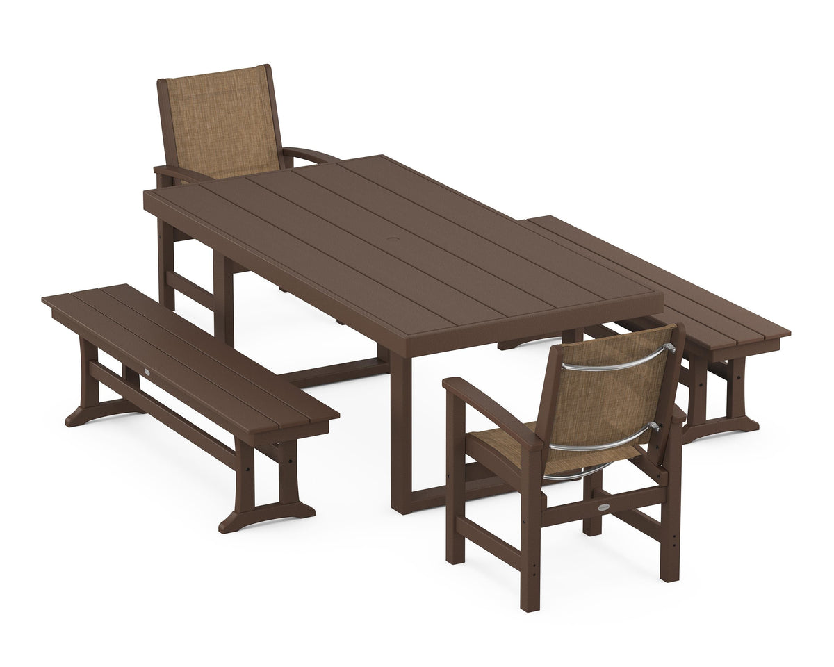 POLYWOOD Coastal 5-Piece Dining Set with Trestle Legs with EDGE 40" x 78" Dining Table in Mahogany / Burlap