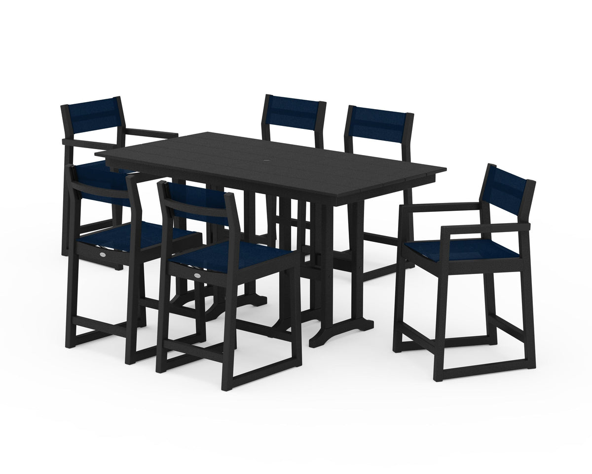 POLYWOOD EDGE Sling 7-Piece Farmhouse Counter Set with Trestle Legs in Black / Navy Blue
