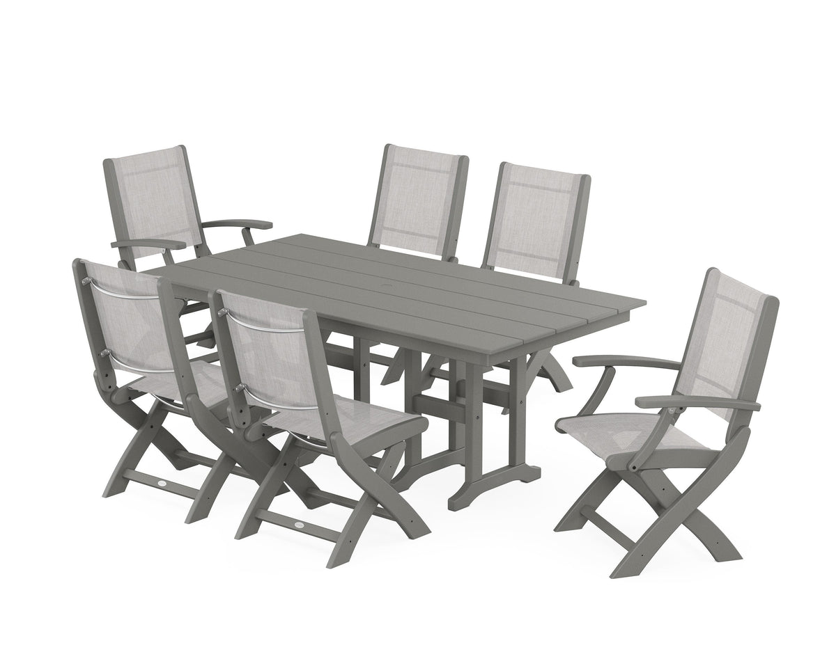 POLYWOOD Coastal Folding Chair 7-Piece Farmhouse Dining Set in Slate Grey / Parchment