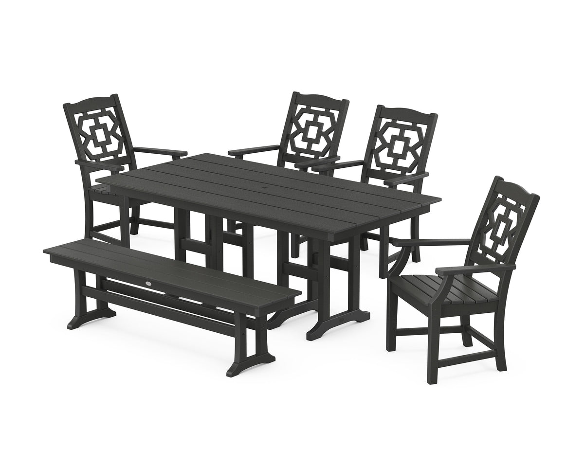 POLYWOOD Chinoiserie 6-Piece Farmhouse Dining Set with Bench in Black