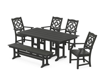 POLYWOOD Chinoiserie 6-Piece Farmhouse Dining Set with Bench in Black