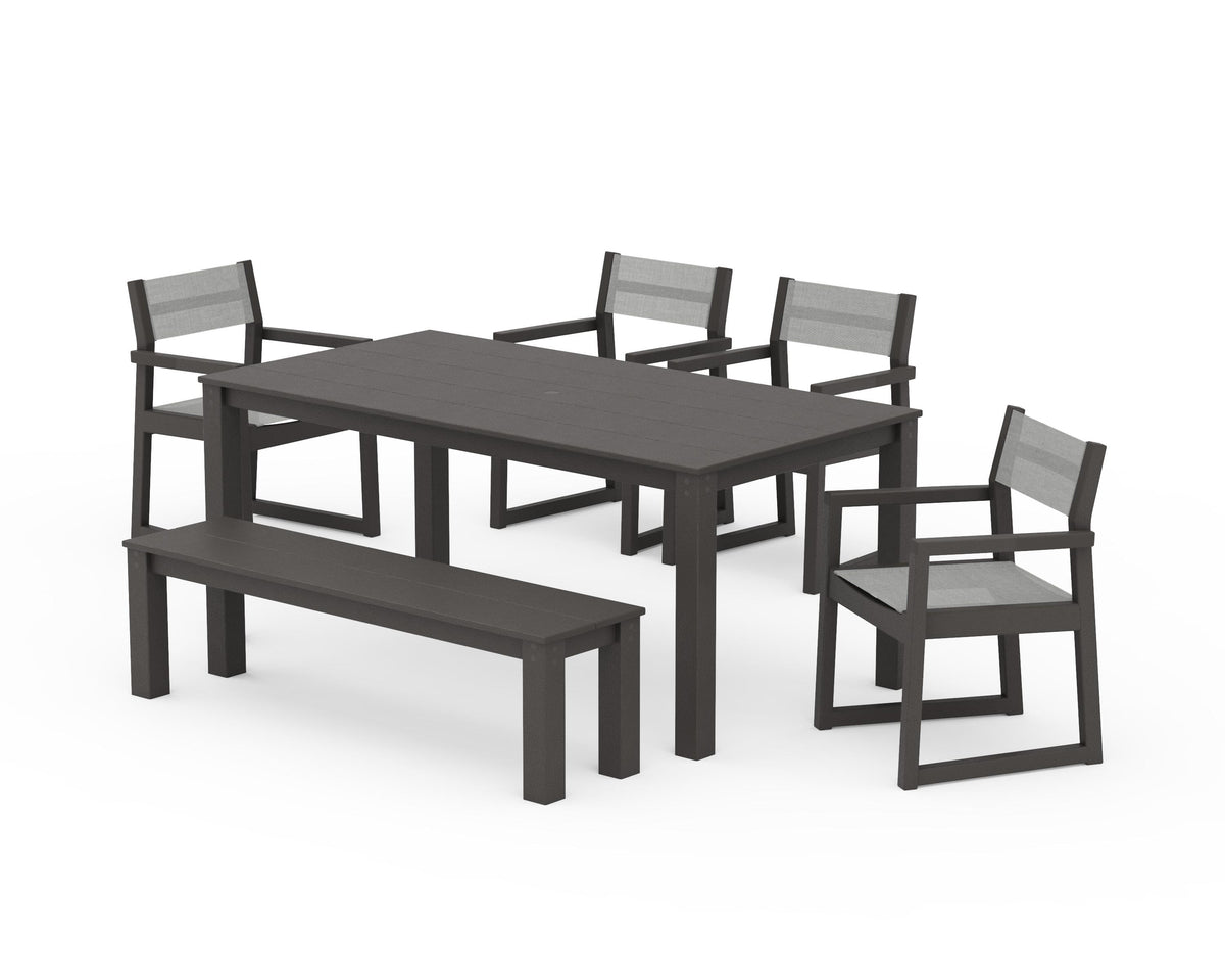 POLYWOOD EDGE Sling Arm Chair 6-Piece Parsons Dining Set with Bench in Vintage Coffee / Metallic