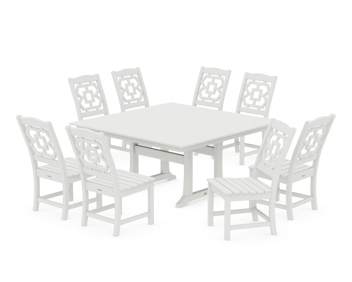 POLYWOOD Chinoiserie 9-Piece Square Farmhouse Side Chair Dining Set with Trestle Legs in Vintage White
