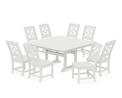 POLYWOOD Chinoiserie 9-Piece Square Farmhouse Side Chair Dining Set with Trestle Legs in Vintage White