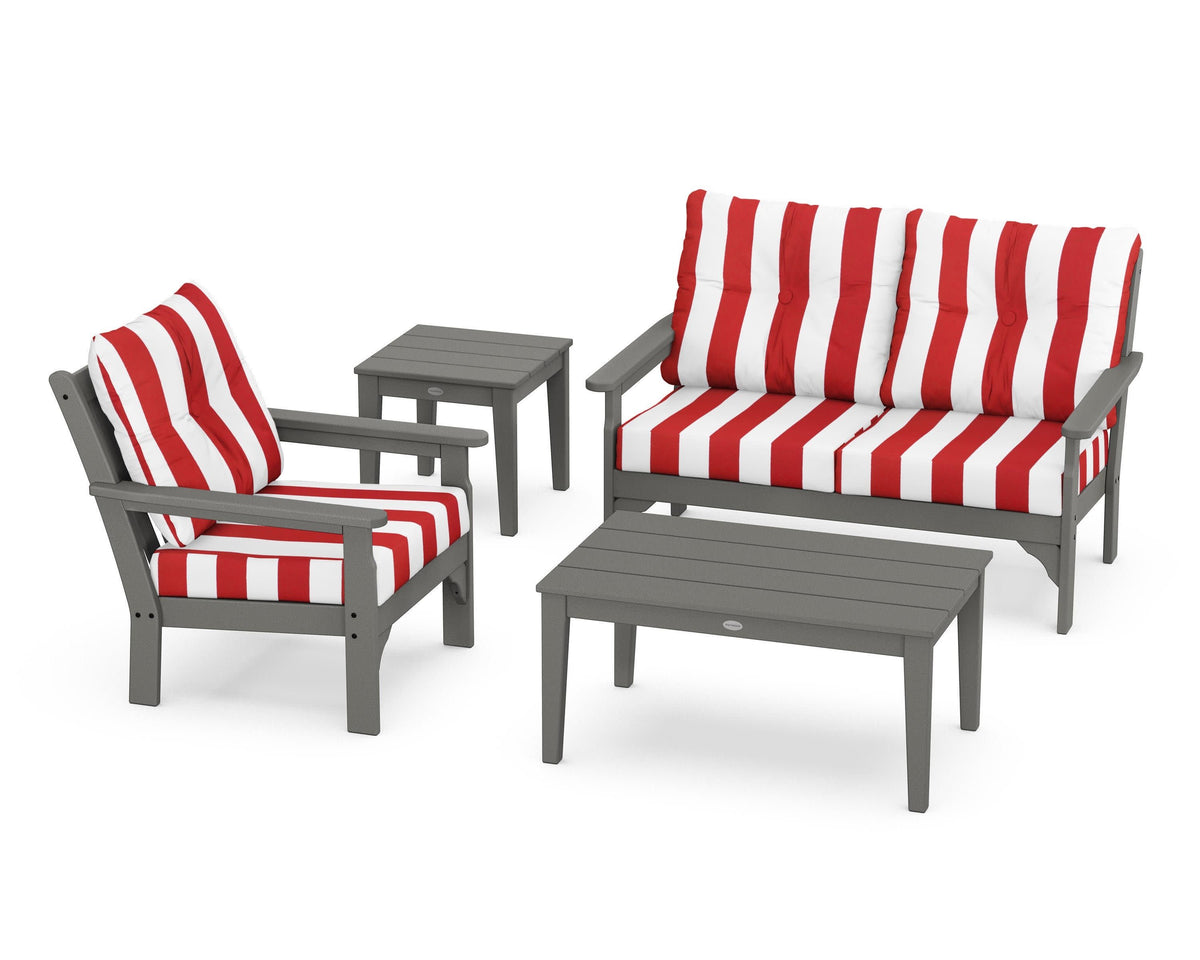 POLYWOOD Vineyard 4-Piece Deep Seating Set with 36" Coffee Table in Slate Grey / Cabana Stripe Crimson