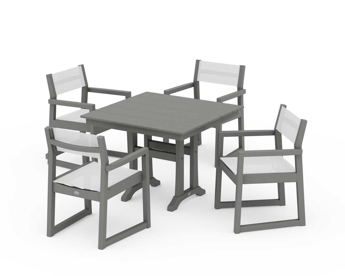 POLYWOOD EDGE Sling 5-Piece Farmhouse Dining Set with Trestle Legs in Slate Grey / White