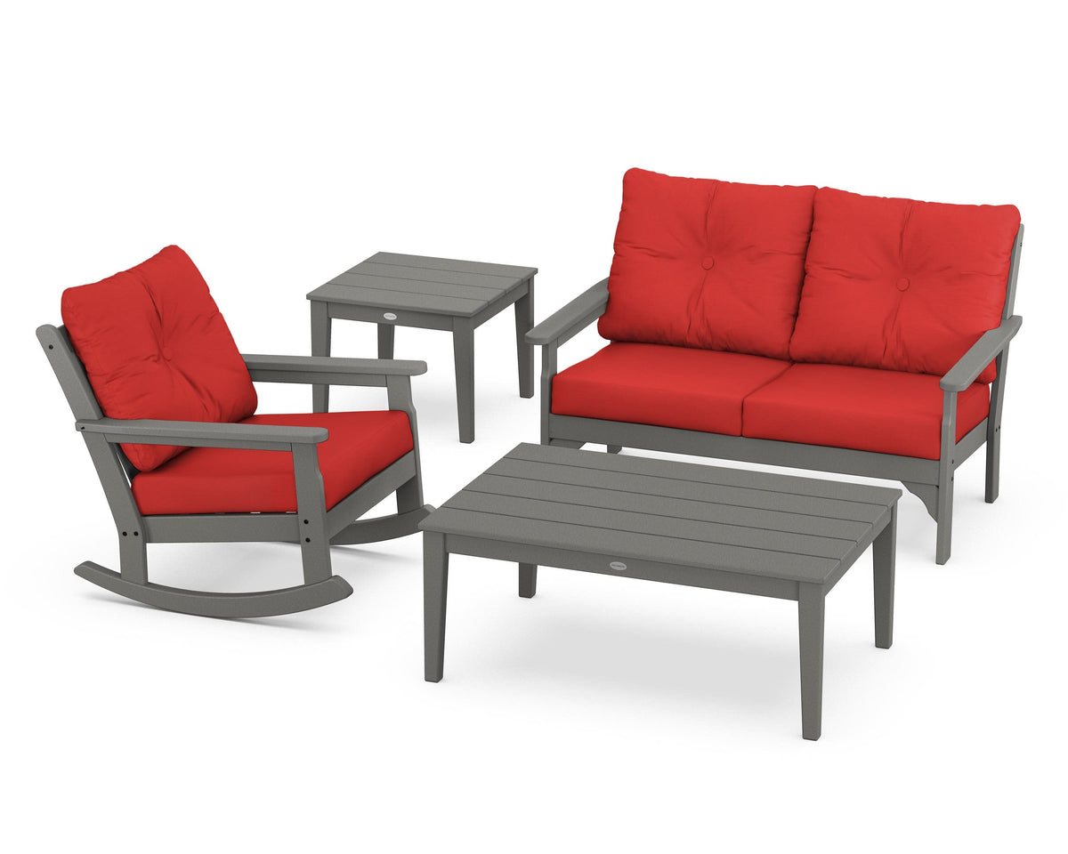 POLYWOOD Vineyard 4-Piece Deep Seating Rocker Set in Slate Grey / Crimson Linen
