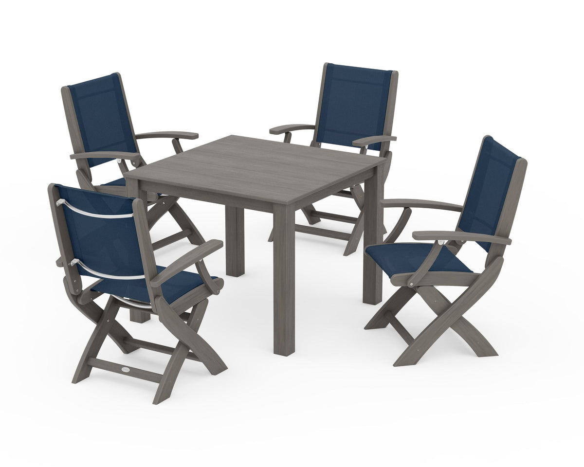 POLYWOOD Coastal Folding Chair 5-Piece Parsons Dining Set in Driftwood / Navy Blue