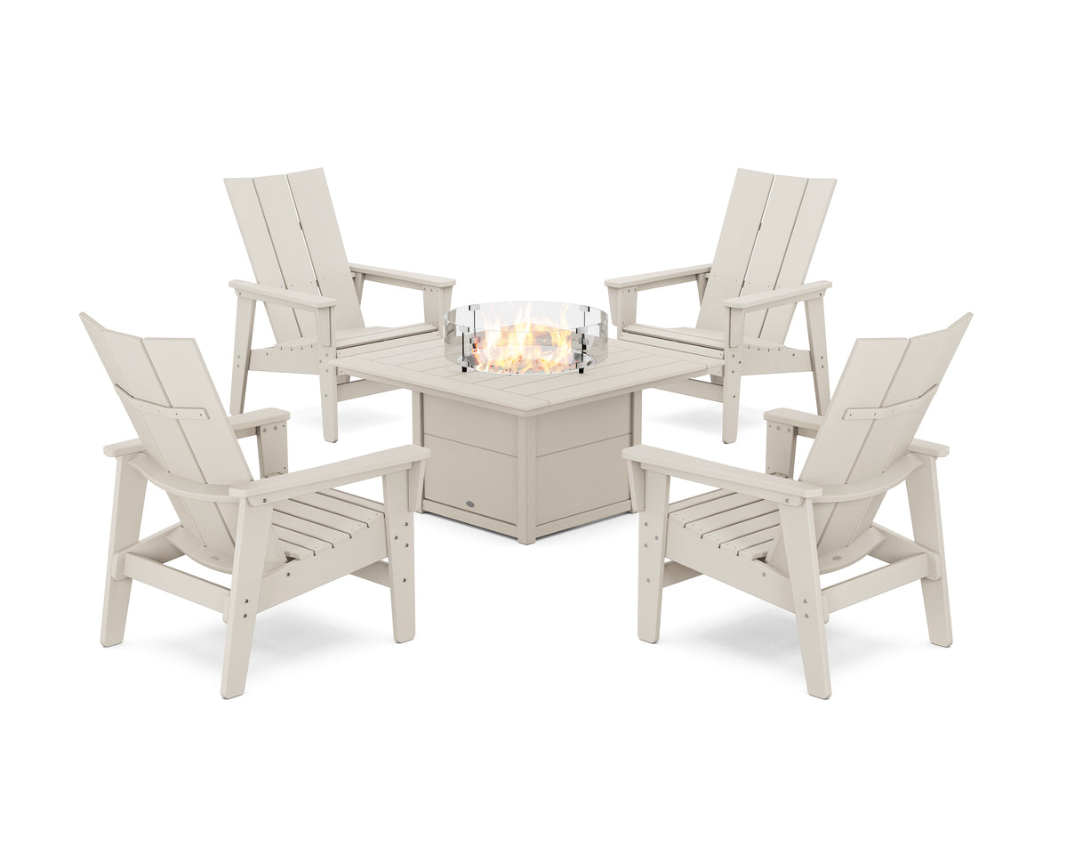 POLYWOOD 5-Piece Modern Grand Upright Adirondack Conversation Set with Fire Pit Table in Sand