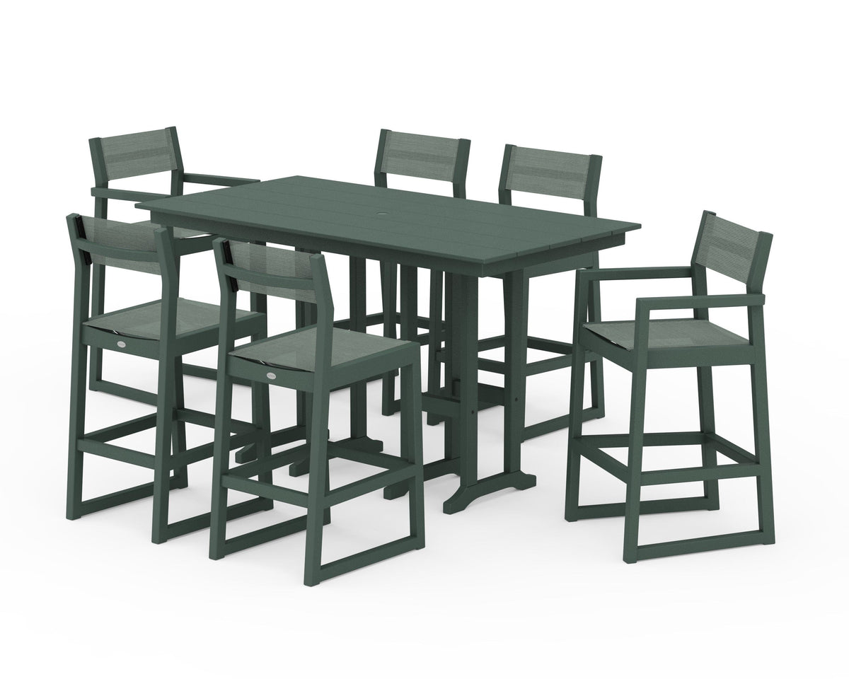 POLYWOOD EDGE Sling 7-Piece Farmhouse Bar Set in Green / Dupioni Sea Mist