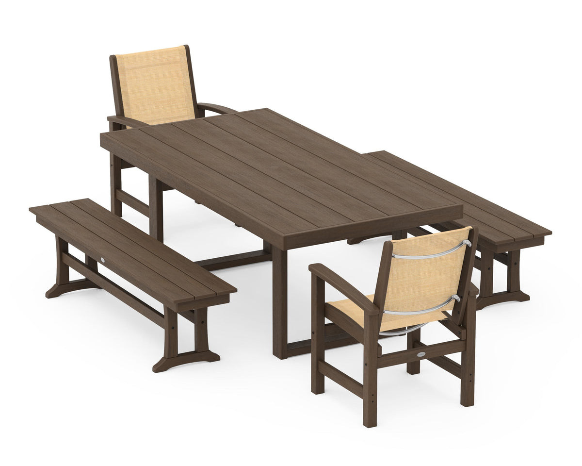 POLYWOOD Coastal 5-Piece Dining Set with Trestle Legs with EDGE 40" x 78" Dining Table in Kona / Dupioni Apricot