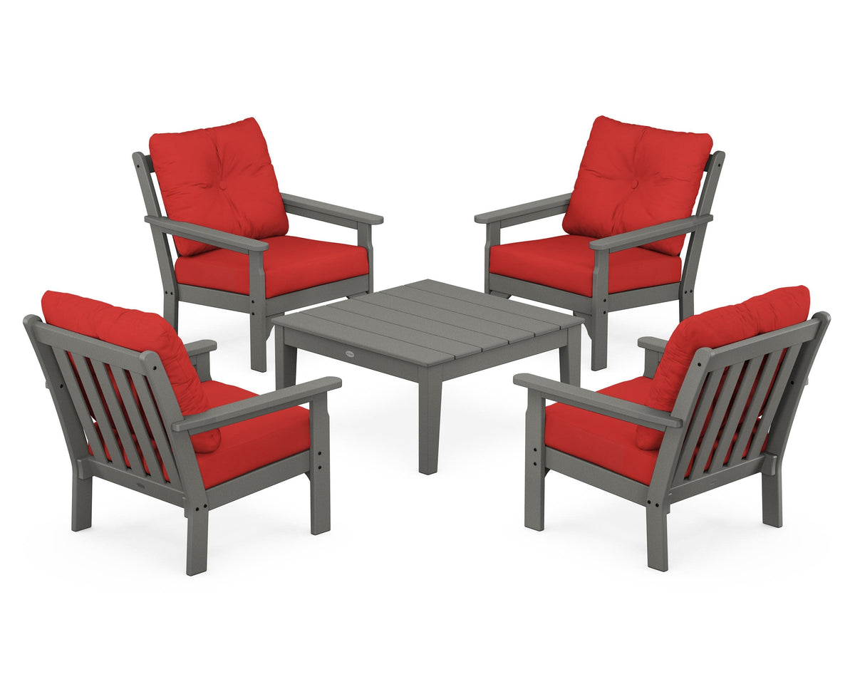 POLYWOOD Vineyard 5-Piece Deep Seating Conversation Set in Slate Grey / Crimson Linen