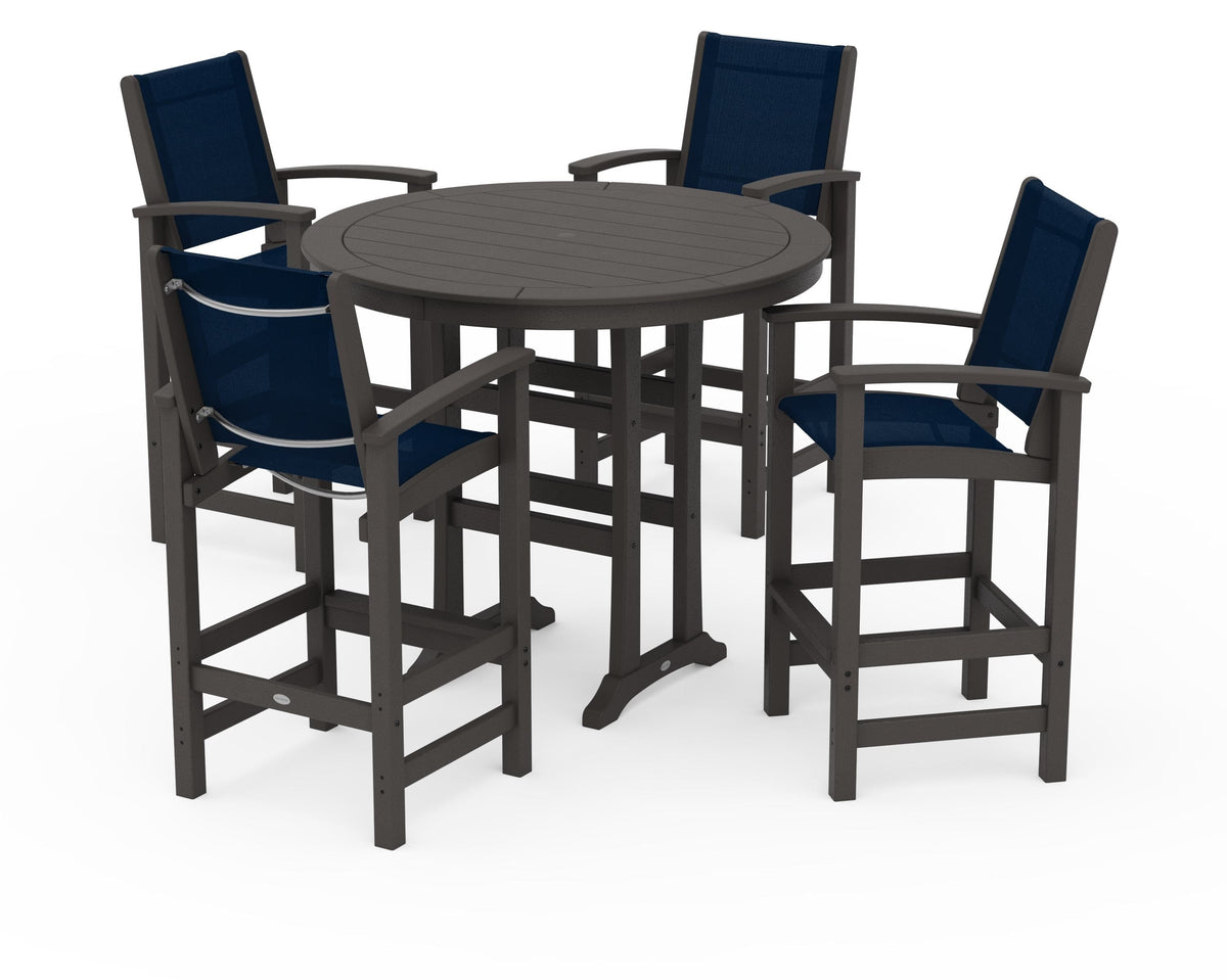 POLYWOOD Coastal 5-Piece Nautical Trestle Bar Set in Vintage Coffee / Navy Blue